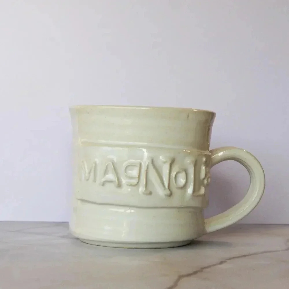 Magnolia White Rustic Handmade Coffee Mug Collectible Texas Kitchen Farmhouse